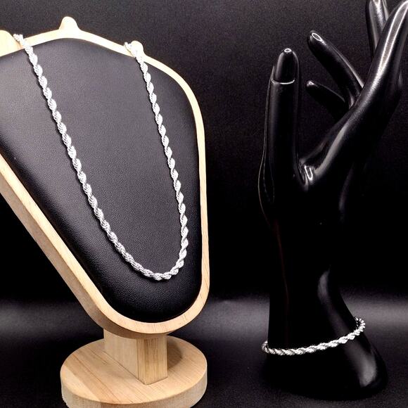 925 Silver Plated Diamond Cut Necklace & Bracelet Set VTG Fashion Birthday Gift - Picture 2 of 9